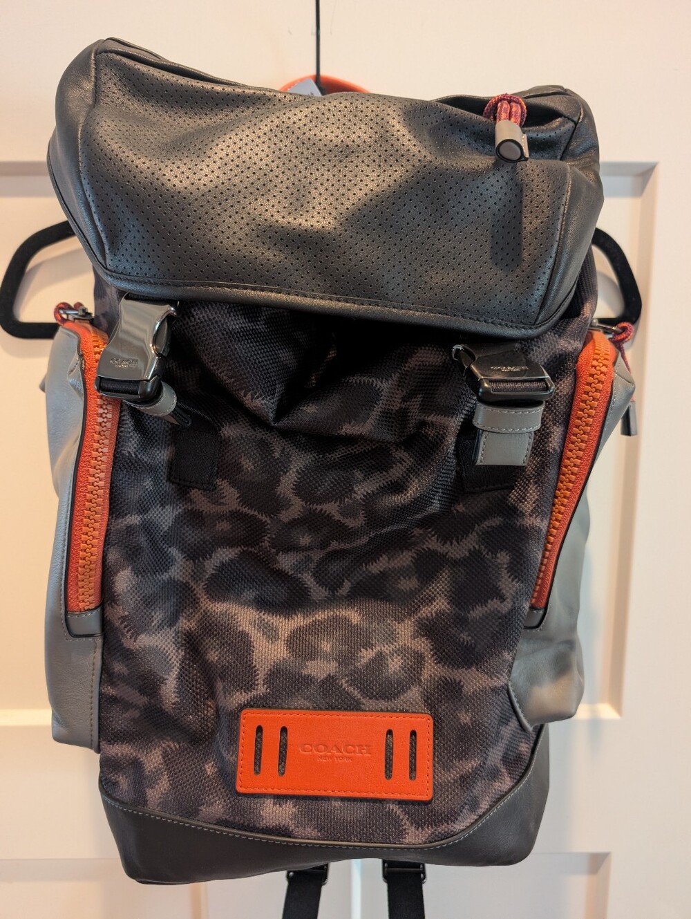 Coach Men's Animal Print Duffle Style Backpack W/Orange Accent